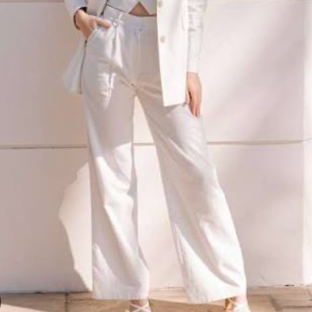 Ann Taylor Loft Wide Leg White 100% Linen Trousers, Pleated, Button + Zip, Sz 14